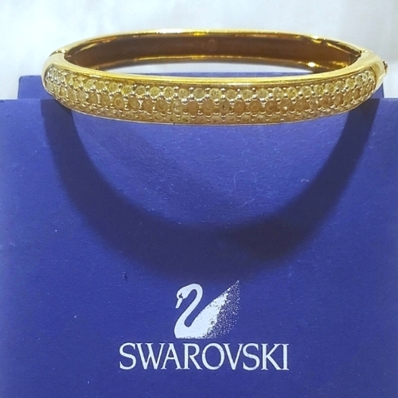 Swarovski Sparkling Tripple Row Crystal hinged Bangle Gold tone - Picture 1 of 13